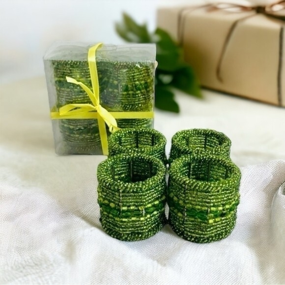 Vintage Green Micro Beaded Napkin Rings Set of 4 Handmade India Moroccan 2" NIB